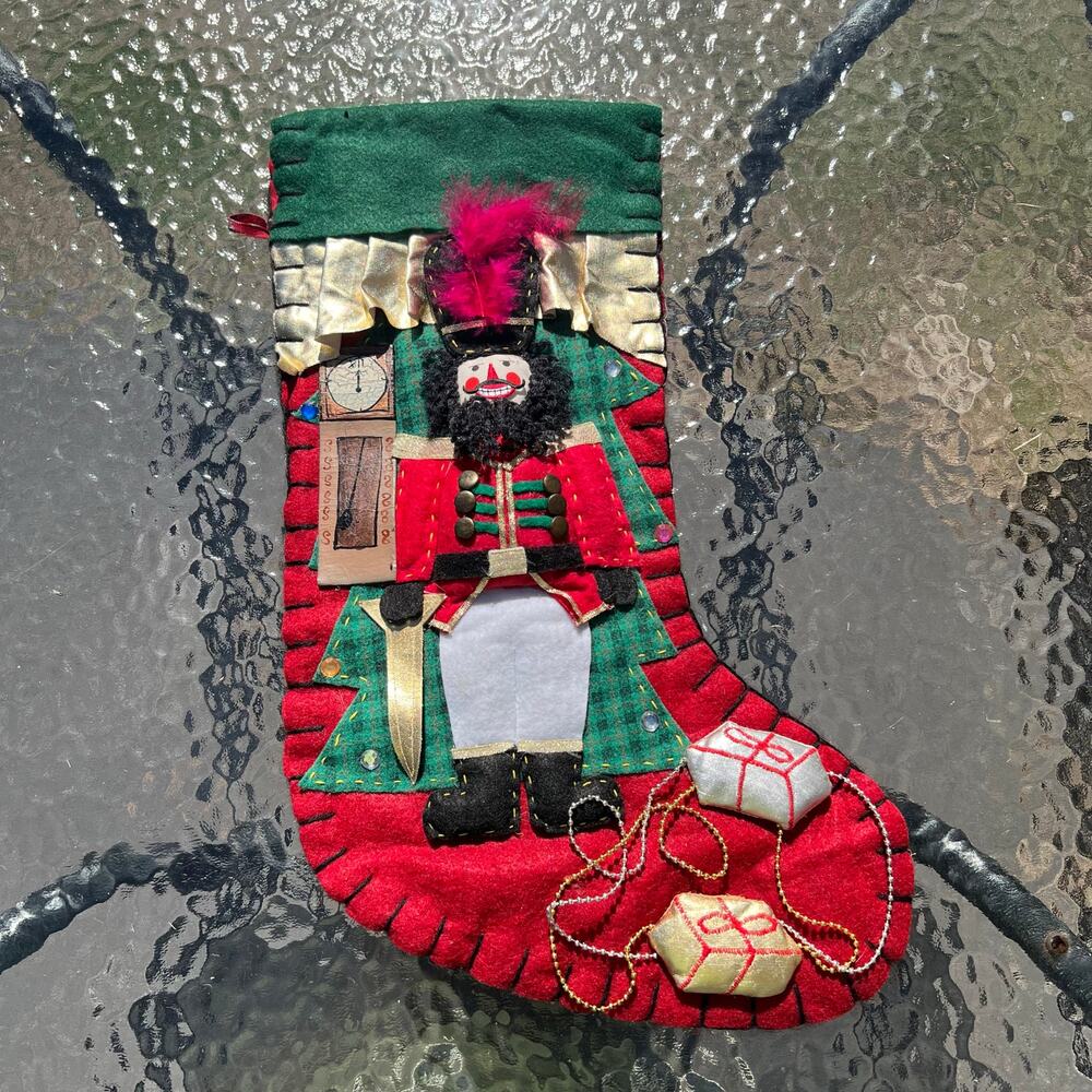 Handmade Stitched Vintage 3D Nutcracker Christmas Stocking Plaid Tree Presents